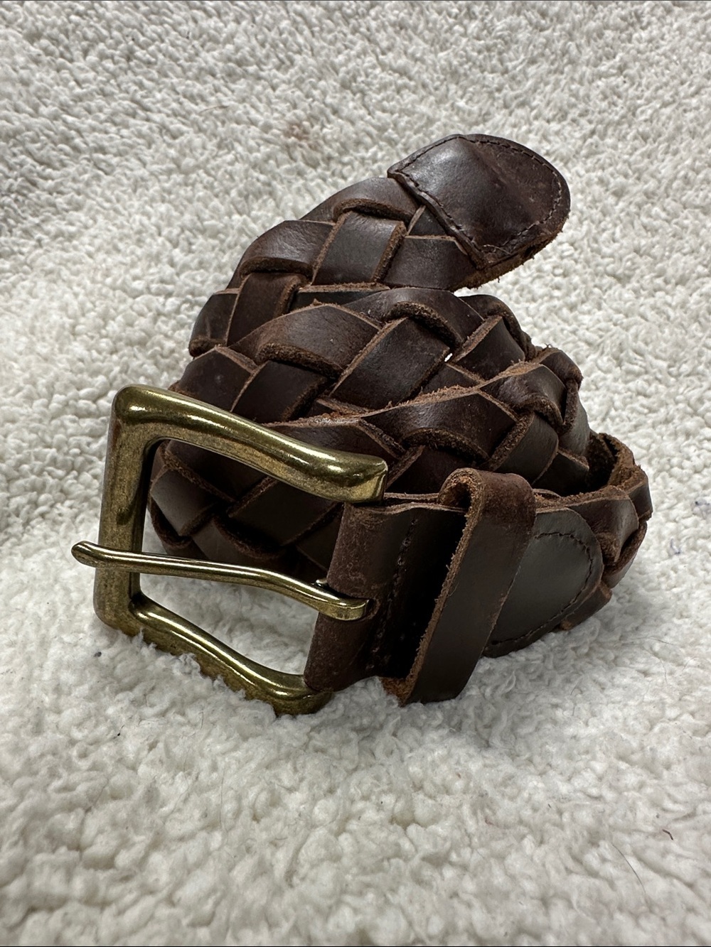Thick Rustic Braided Full Grain Brown Leather Belt, Brass Buckle, Size 38